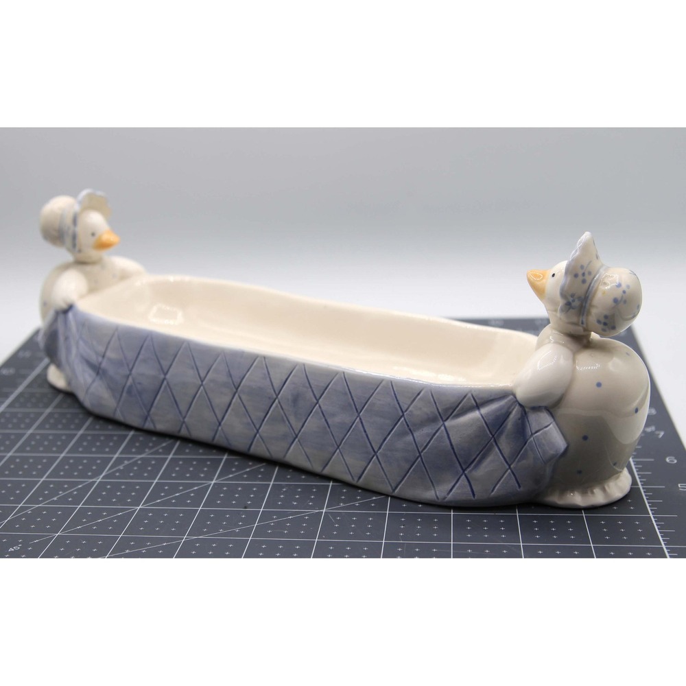 Vintage 1987 Fitz and Floyd Ceramic Geese Planter Long Dish Blue White 12 Inch